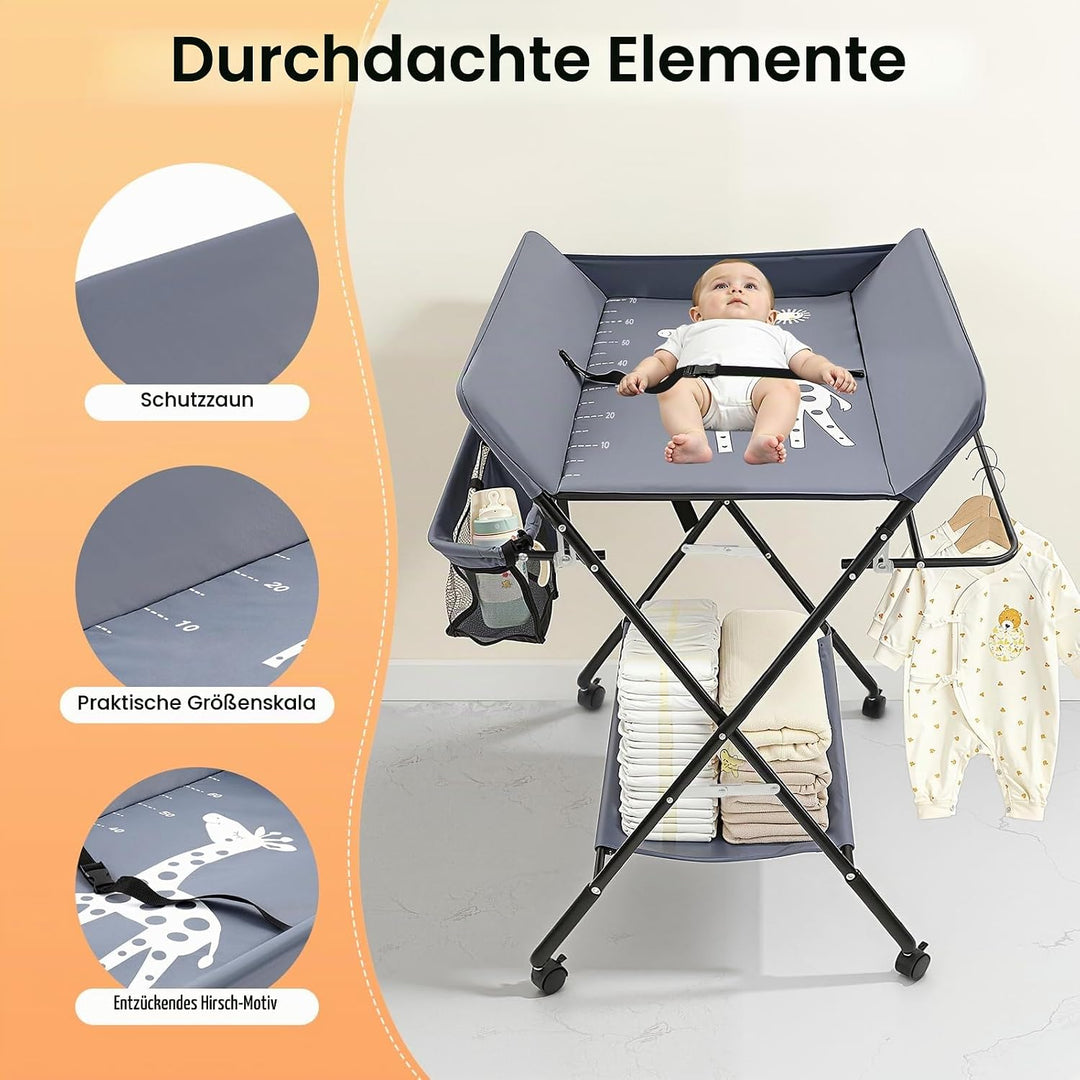 klappbare Wickelkommode Wickeltisch, Baby Wickelkombi, mit Wickelauflage Sicherheitsgurt und Ablagef