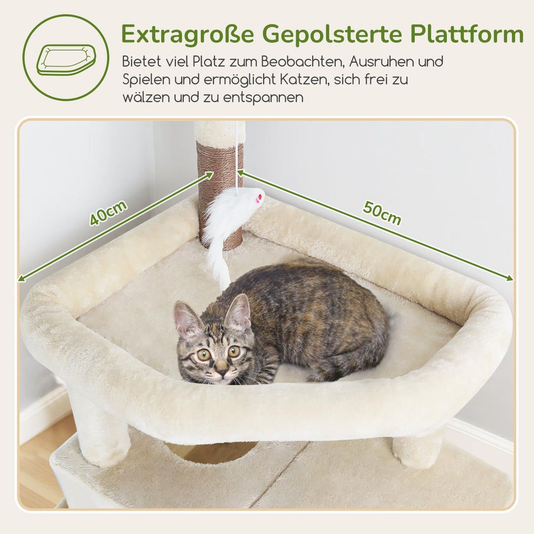 Globlazer Kratzbaum Beige Grosse hoch 188 cm mit 2 Gross Katzenhaus, Grosse Gepolsterte Plattform, W