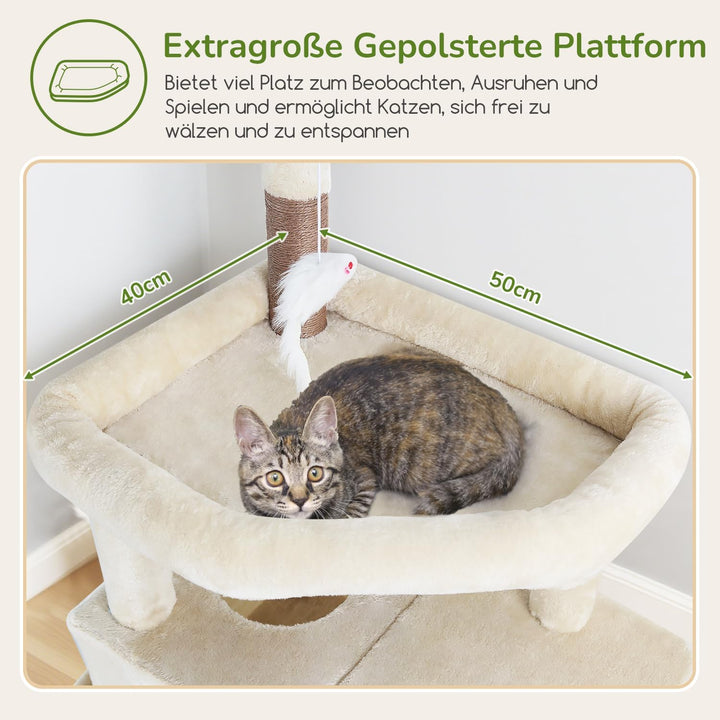 Globlazer Kratzbaum Beige Grosse hoch 188 cm mit 2 Gross Katzenhaus, Grosse Gepolsterte Plattform, W