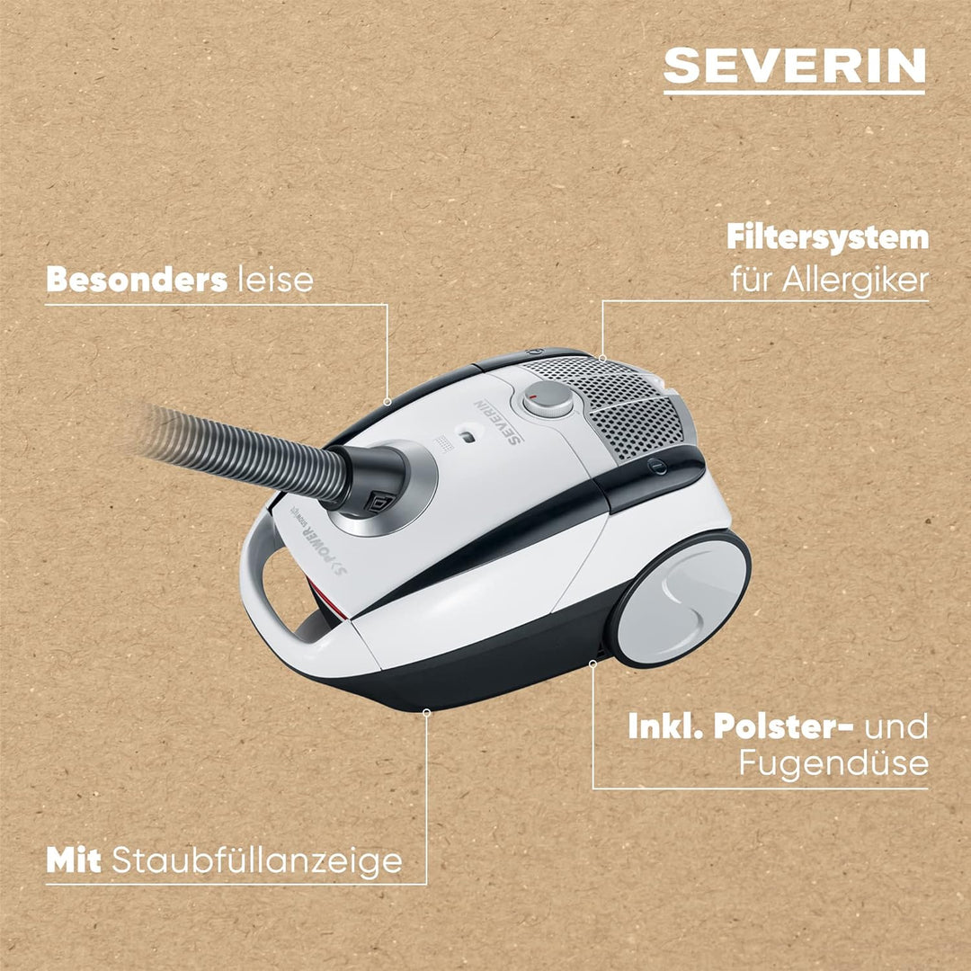 Severin BC 7035, Beutel-Staubsauger, ‎750 Watt, 2 L, ‎25.5 x 35.5 x 20 cm, Schneeweiss-platingrau 2L