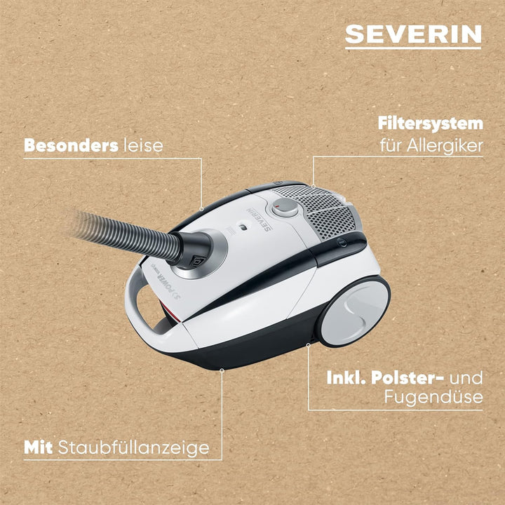 Severin BC 7035, Beutel-Staubsauger, ‎750 Watt, 2 L, ‎25.5 x 35.5 x 20 cm, Schneeweiss-platingrau 2L