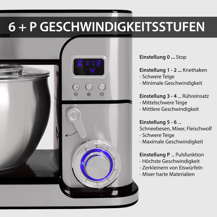 Syntrox Küchengerät Kagus Edelstahl 6 Liter Küchenmaschine & Fleischwolf, Knethaken, Schneebesen, LE