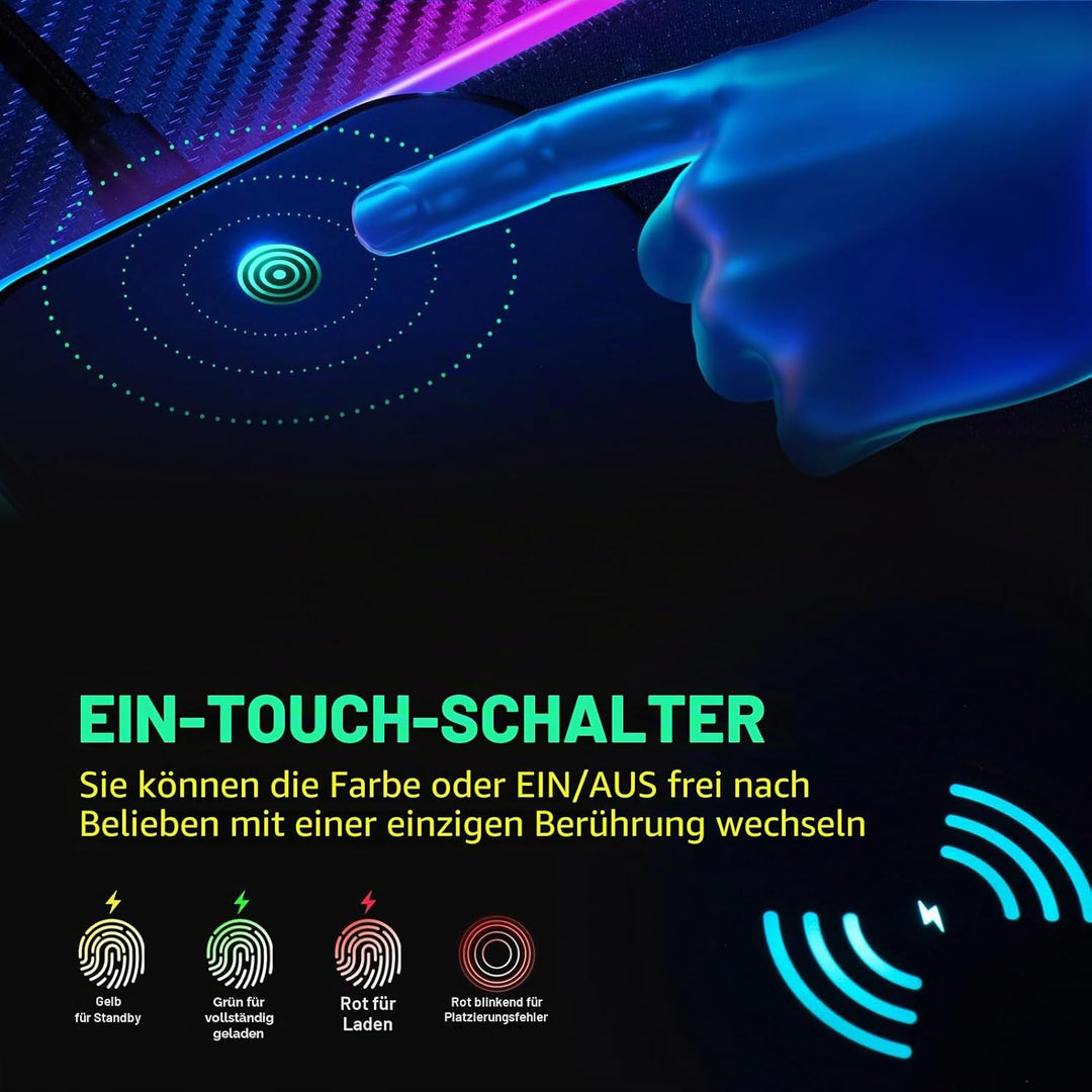 RGB Gaming Mauspad 15W Qi Mousepad LED, 10 Beleuchtungsmodi mit 15W Schnellladung Qi Kabelloses Lade