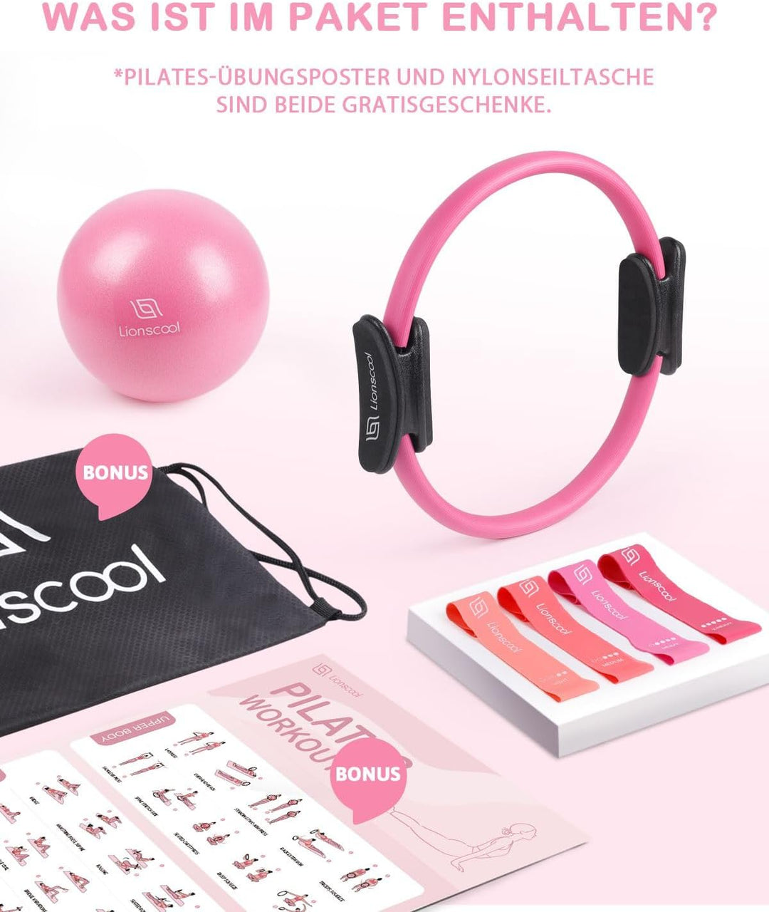 LIONSCOOL Pilates-Ring-Set – 14“/35cm Magic Circle mit Doppelgriffen – Inkl. platzfestem Miniball, W