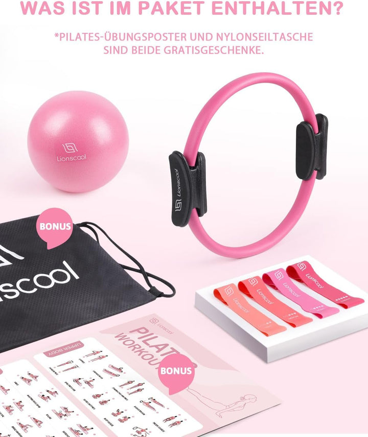 LIONSCOOL Pilates-Ring-Set – 14“/35cm Magic Circle mit Doppelgriffen – Inkl. platzfestem Miniball, W