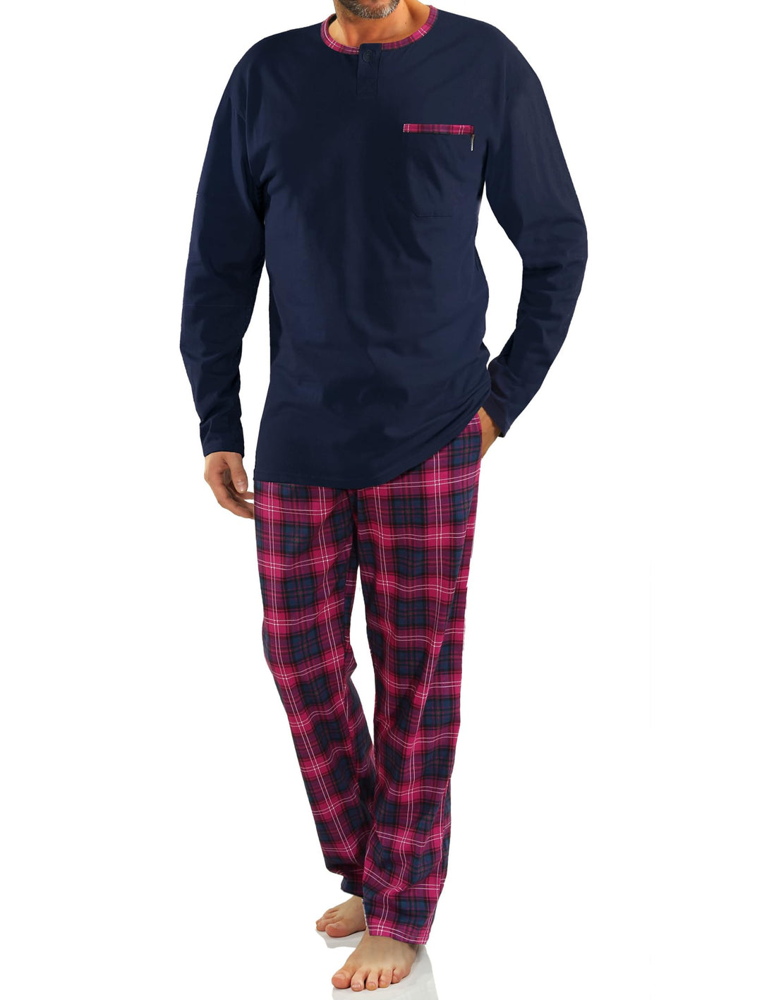 sesto senso Herren Schlafanzug Lang Baumwolle Pyjama Langarm Shirt mit Tasche Pyjamahose Zweiteilig
