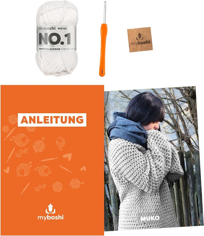 myboshi Häkelset Pullover Muko, inkl. No.1 Wolle, Nadel und Anleitung, original Label, Häkelpaket, 3