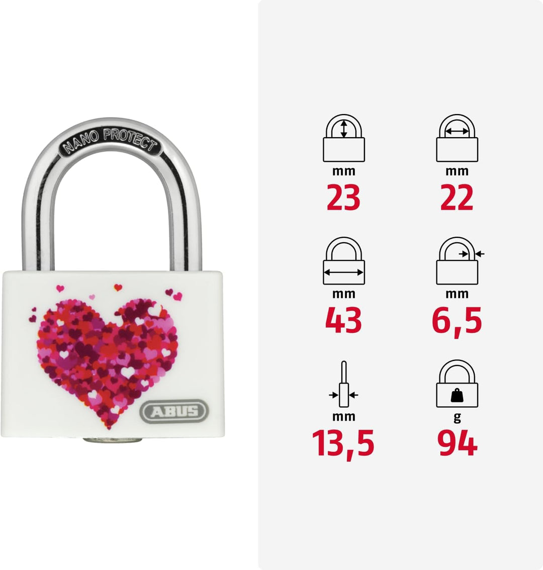 ABUS Vorhängeschloss T65AL/40 myLove - mit Herz-Motiv - individuell beschreibbar - Spindschloss - ma