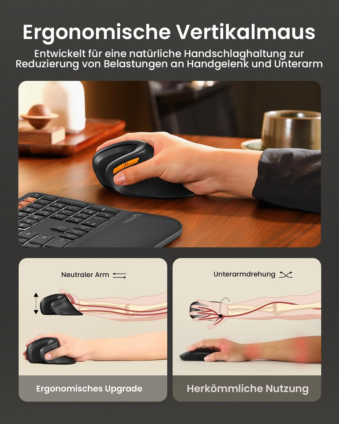 ProtoArc EM11 NL Ergonomische Vertikale Maus, Kabellos Aufladbar Mouse mit 3 Gerät (Bluetooth+Blueto