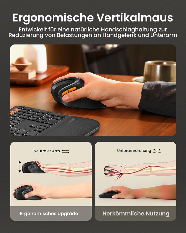 ProtoArc EM11 NL Ergonomische Vertikale Maus, Kabellos Aufladbar Mouse mit 3 Gerät (Bluetooth+Blueto