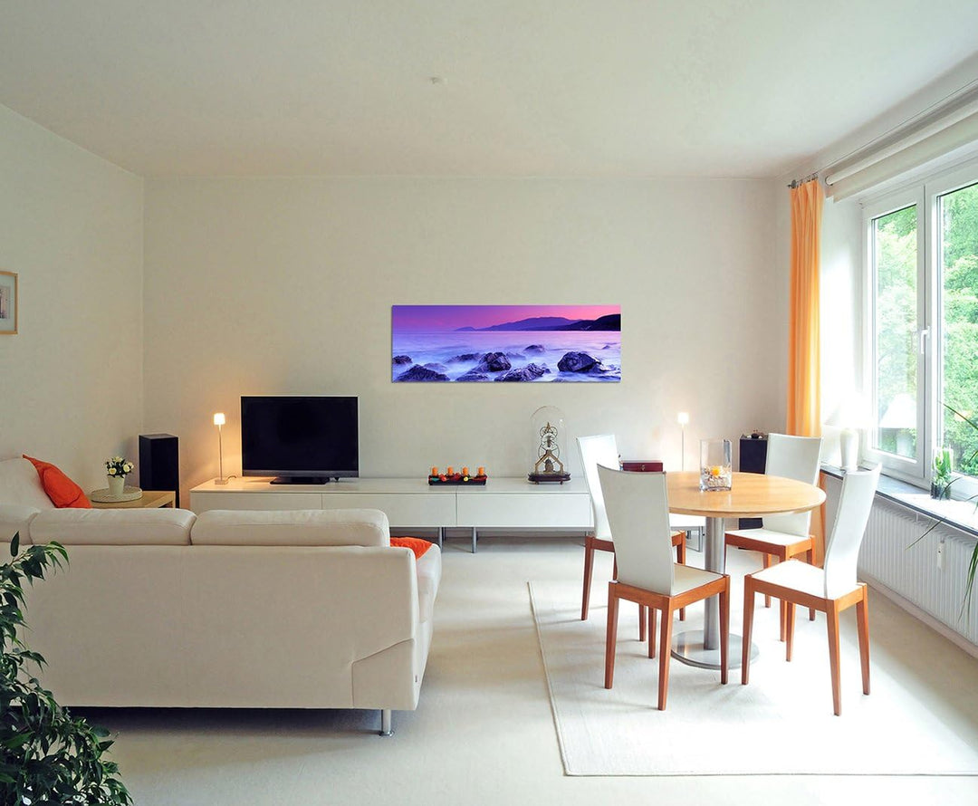 Paul Sinus Art Panoramabild auf Leinwand und Keilrahmen 150x50cm Abenddämmerung Meer Felsen Berge