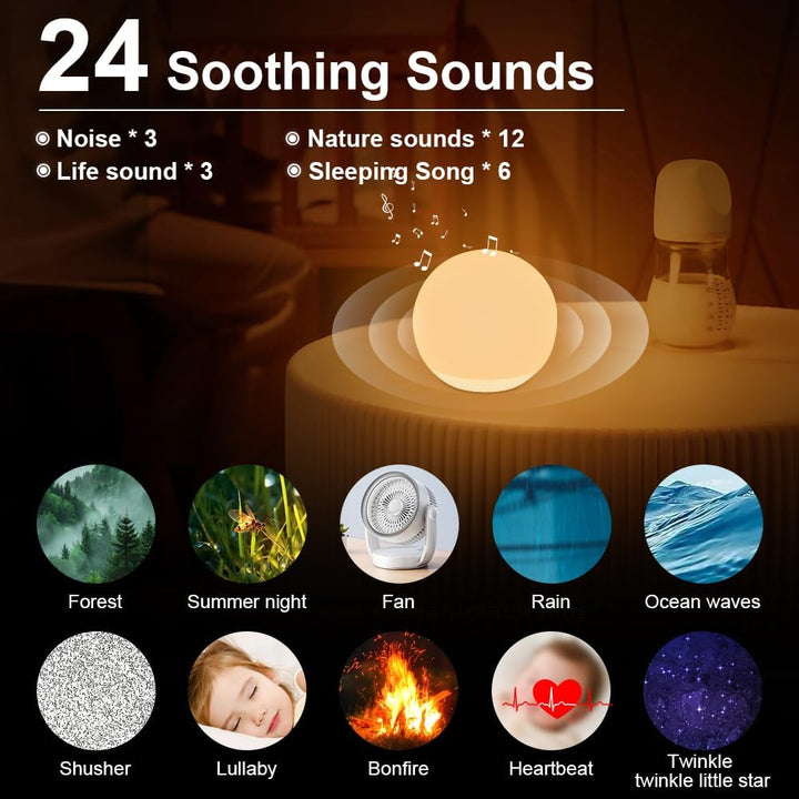 White Noise Machine, Tragbare Baby-Einschlafhilfe, Einschlafhilfe 24 Geräuschen mit 4 süssen Aufkleb