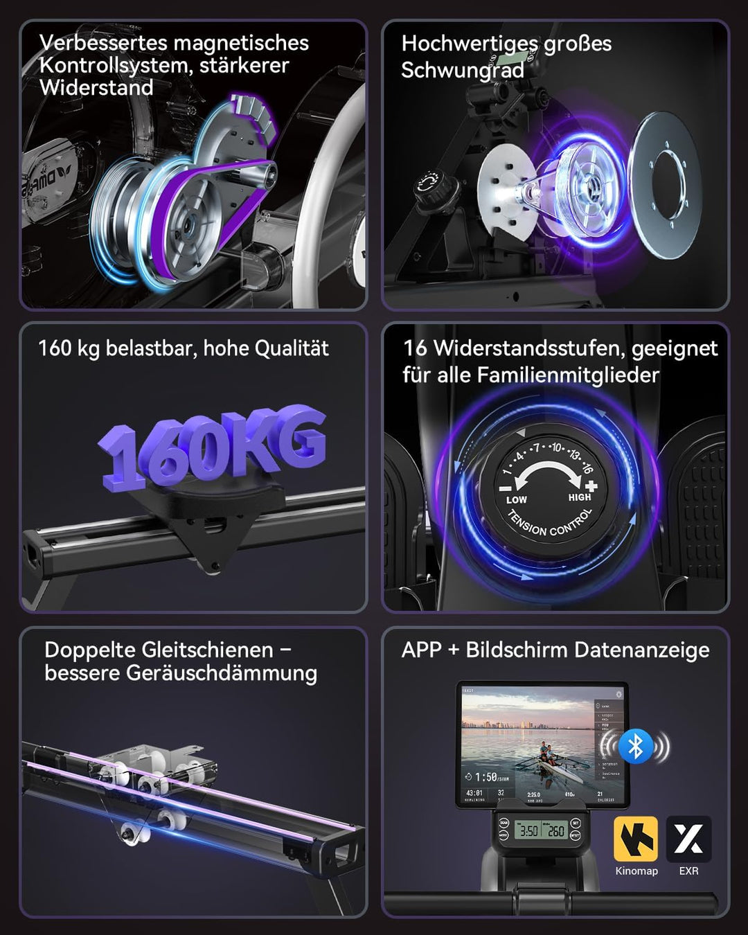 DMASUN Rudergerät für Zuhause, Magnetisches Rudergerät mit Upgrade Doppel-Slide-Rails, APP-Verbindun