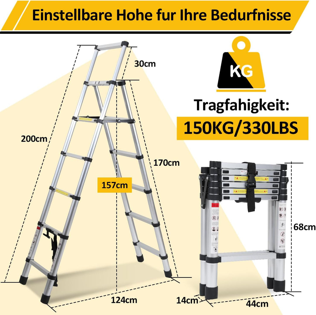 1.7+2M Klappleiter Teleskopleiter, A-Rahmen 5+6 Sprossen Aluminiumleiter, Rutschfester Aluleiter mit