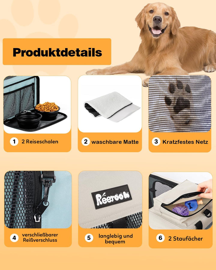 Reerooh Hundebox L 70x52x52cm, Faltbar Hundetransportbox Inkl.Hundenapf, Tragbare Hundetasche für Re