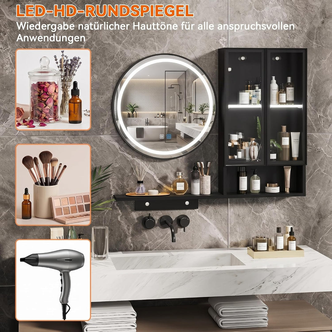 YOURLITE Badspiegel mit Beleuchtung und Ablage 50Rund,Beschlagfrei,Schrank Schwarz+schrank, Schwarz+