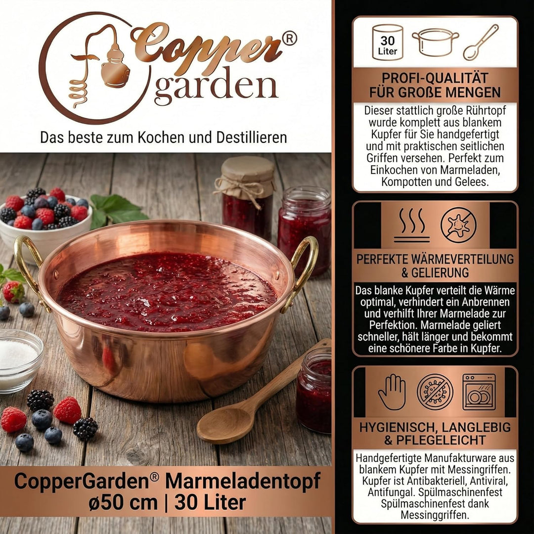CopperGarden Sossen- & Marmeladentopf 30 Liter I Kochtopf aus Kupfer mit 50 cm Durchmesser I Grosser