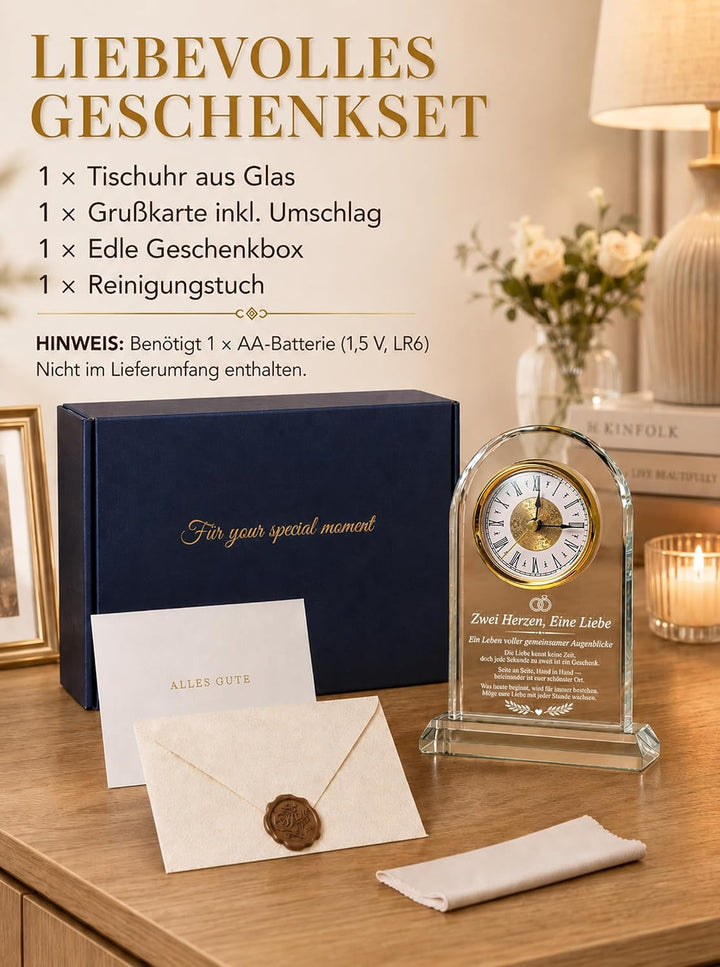 Hochzeitsgeschenk für Brautpaar - Glas Tischuhr mit Lasergravur | Frischverheiratete, Verlobungsgesc