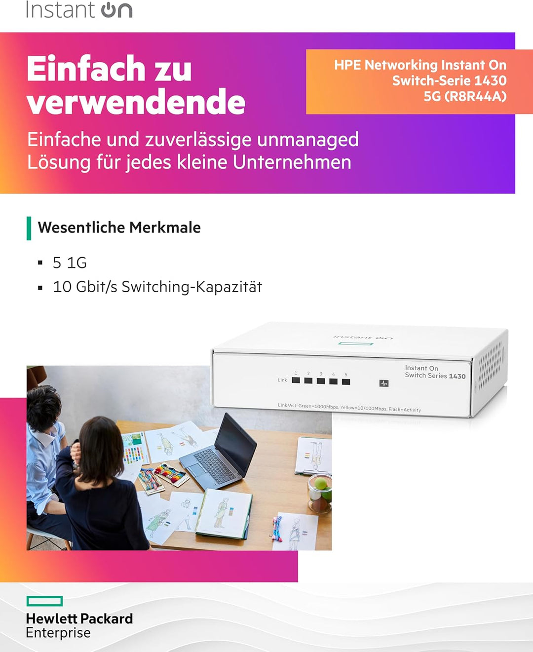 Aruba Instant On 1430 5-Port Gb Unmanaged Layer-2-Ethernet-Switch | 5x 1G | Lüfterlos | EU-Kabel (R8
