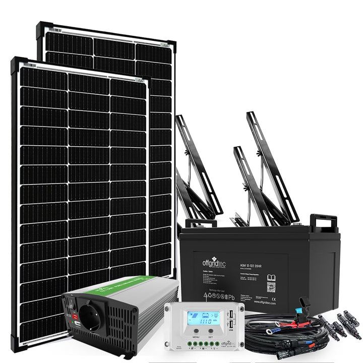 Offgridtec 200W Garten-Solaranlage mit 12V AGM Akku und 500W Wechselrichter, 200W