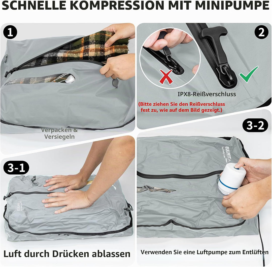 EULANT Wasserdicht Vakuumbeutel für Reisen mit Pumpe, Wiederverwendbare Kompressionsbeutel für Koffe