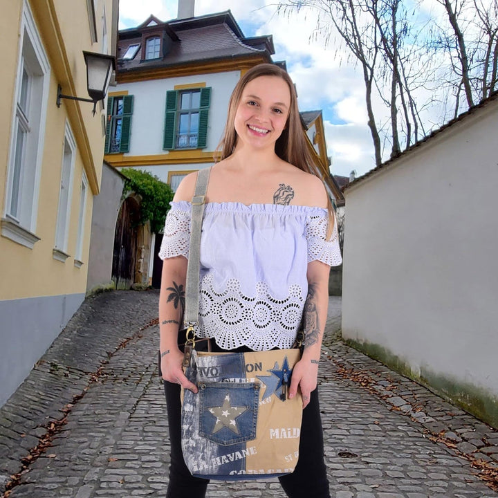 Sunsa Damen Tasche. Nachhaltige Umhängetasche. Handtasche aus recycelte Jeans &amp; Canvas Schultertasch