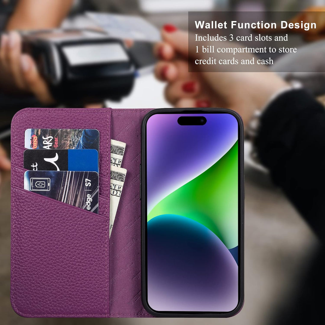 VISOUL Hülle für iPhone 13 Pro, Schutzhülle [Echt Leder] [Schützt vor Stoss] [Kartenfach] [Magnetver