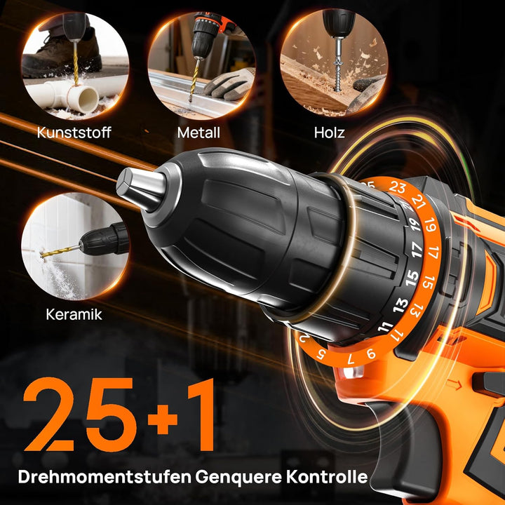 Akkuschrauber Set, 12V Akku Bohrschrauber, 2 Gang Akkubohrer, 25+1 Drehmomenteinstellungen, 25 Nm Dr