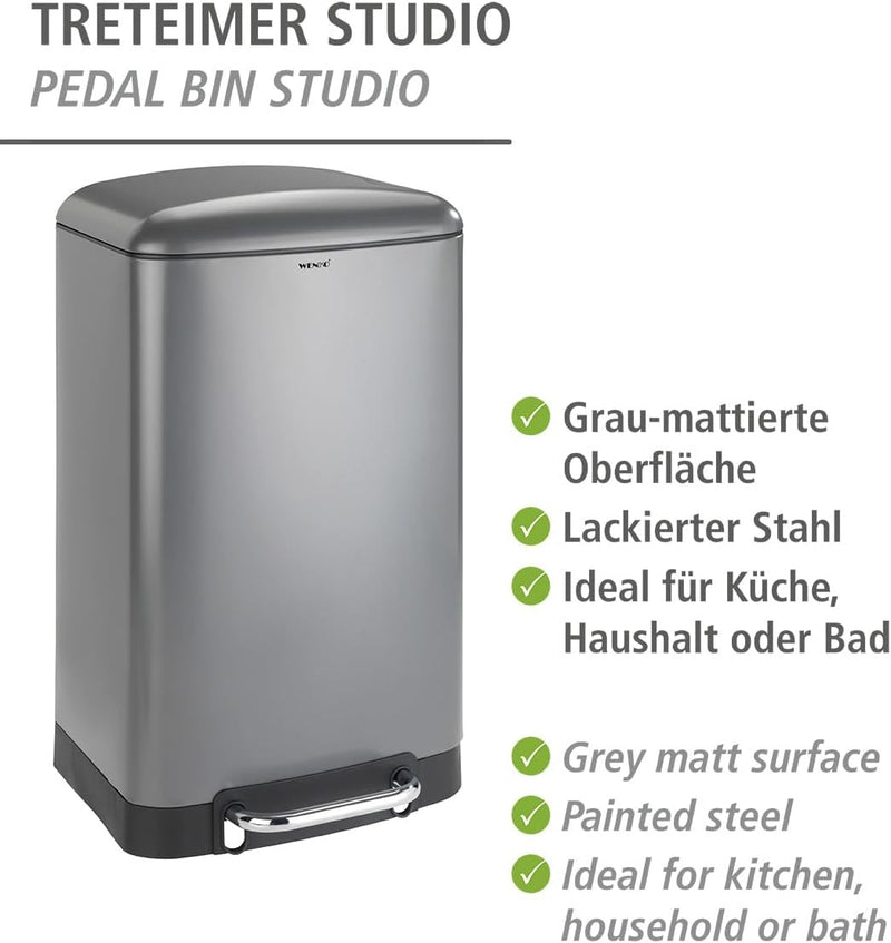 WENKO Küchen Abfalleimer Studio Easy-Close, 30 Liter, grosser Mülleimer mit Absenkautomatik, Tretfun