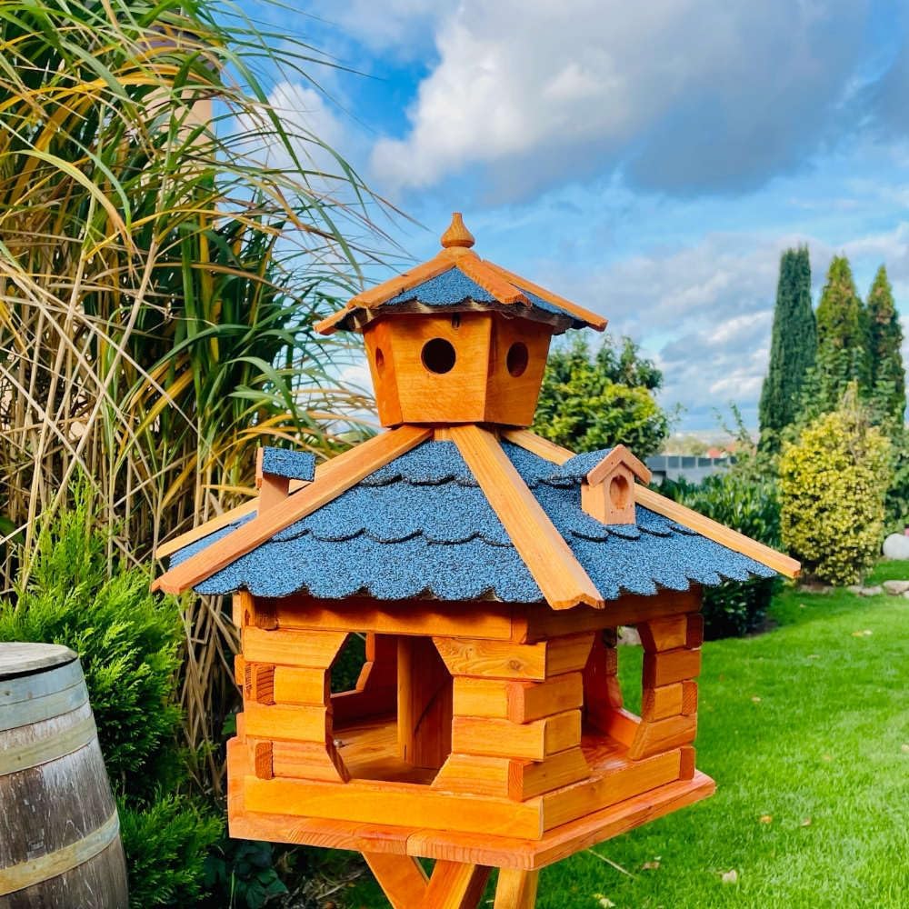 handgefertigtes Sechseck Vogelhaus aus Holz wetterfest M - XL mit und ohne Ständer, Futterhaus, Futt