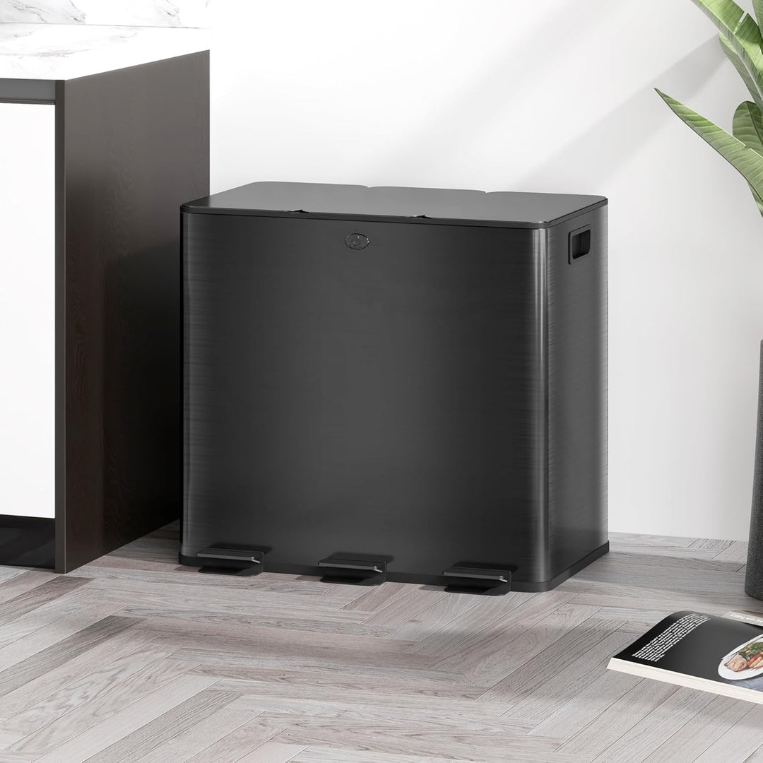 HOMCOM Mülleimer Küche 3 x 15 L Treteimer mit Softclose-Deckel und Pedal Mülltrennsystem 3 Fächer in