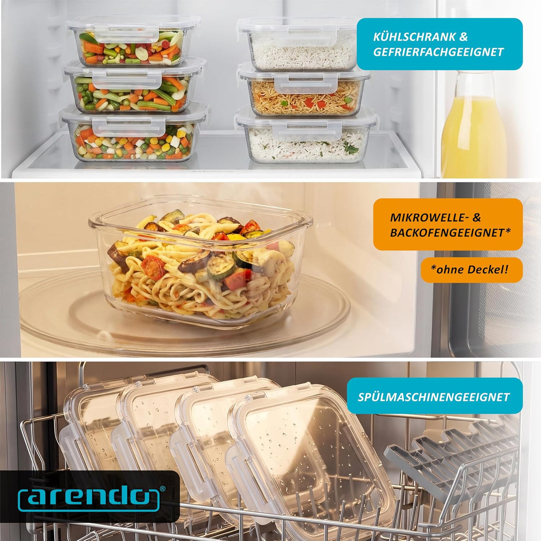 Arendo - Lunchboxen Glas - Frischhaltedosen für Lebensmittel mit Deckel luftdicht - 2er Set - 1520 m