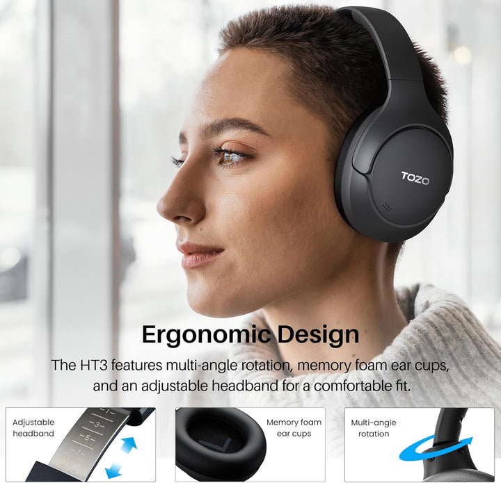 TOZO HT3 Kopfhörer Kabellos Bluetooth Over Ear, Noise Cancelling Kopfhörer mit Mikrofone,90 Std, Hi-