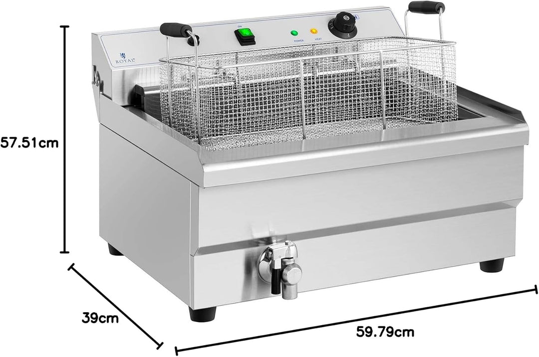 Royal Catering Fettbackgerät Edelstahl mit Ablage 30 L 9000 W 60-200 °C Kaltzone Fettablaufhahn Abde