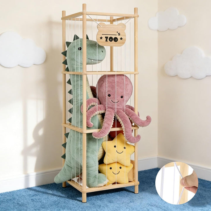 Kuscheltier Aufbewahrung Holz, 136 x 40 x 40 cm Stofftier Aufbewahrung Regal Kuscheltiere mit Elasti
