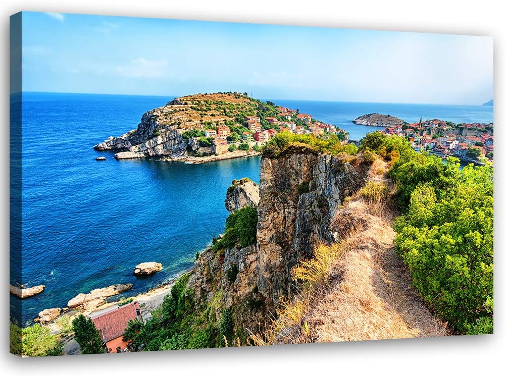 Feeby Wandbild Stadt am Meer Druckbild Leinwandbild Landschaft Blau 100x70 cm