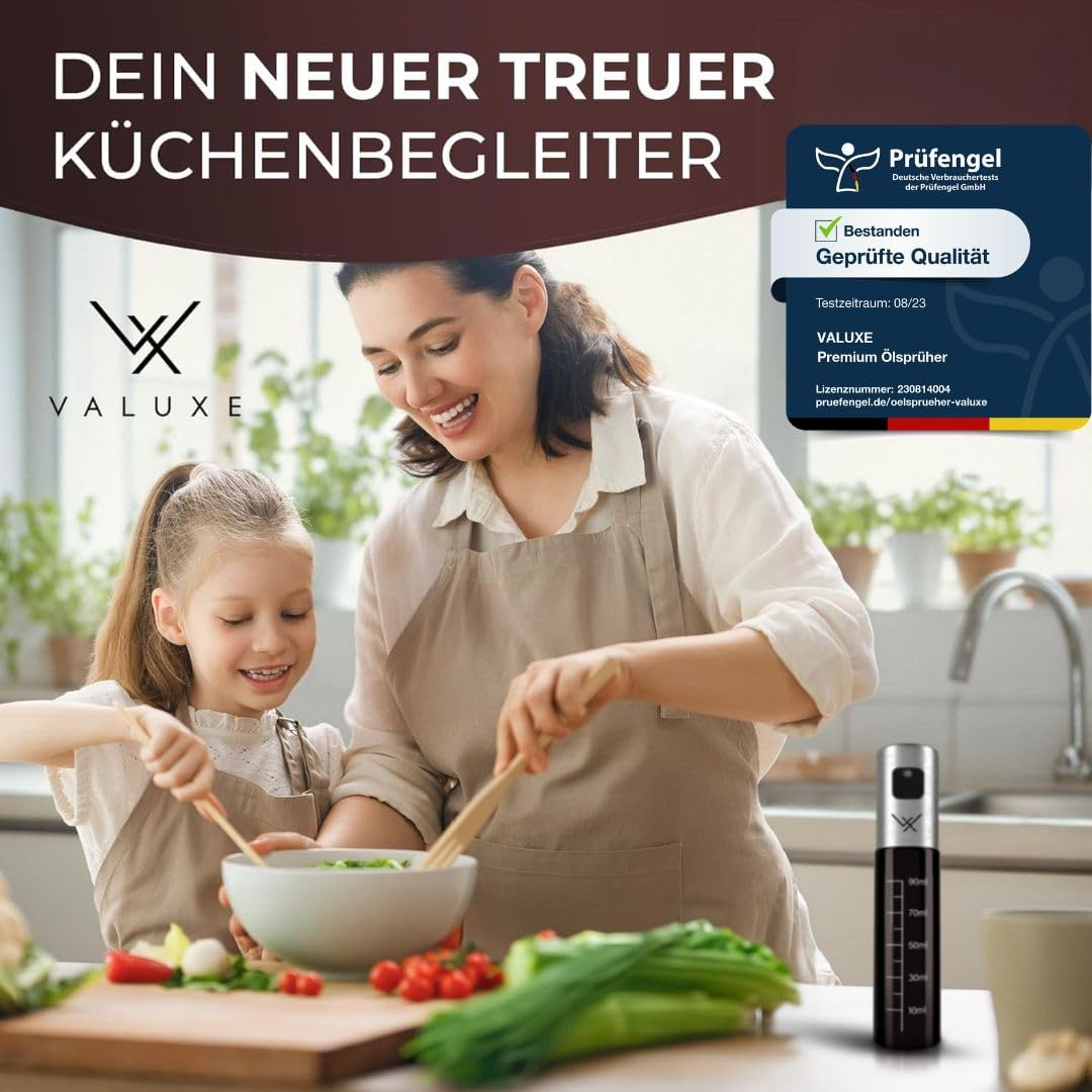 VALUXE® Ölsprüher für Speiseöl und Essig mit UV-Schutz Glas & Sprühfilter - Edelstahl Öl-Sprühflasch
