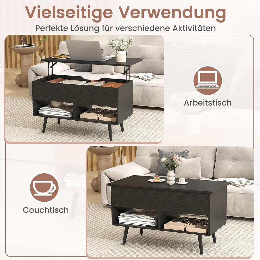 COSTWAY Couchtisch höhenverstellbar, Sofatisch mit anhebbarer Tischplatte & 2 offenen Regalen, auszi