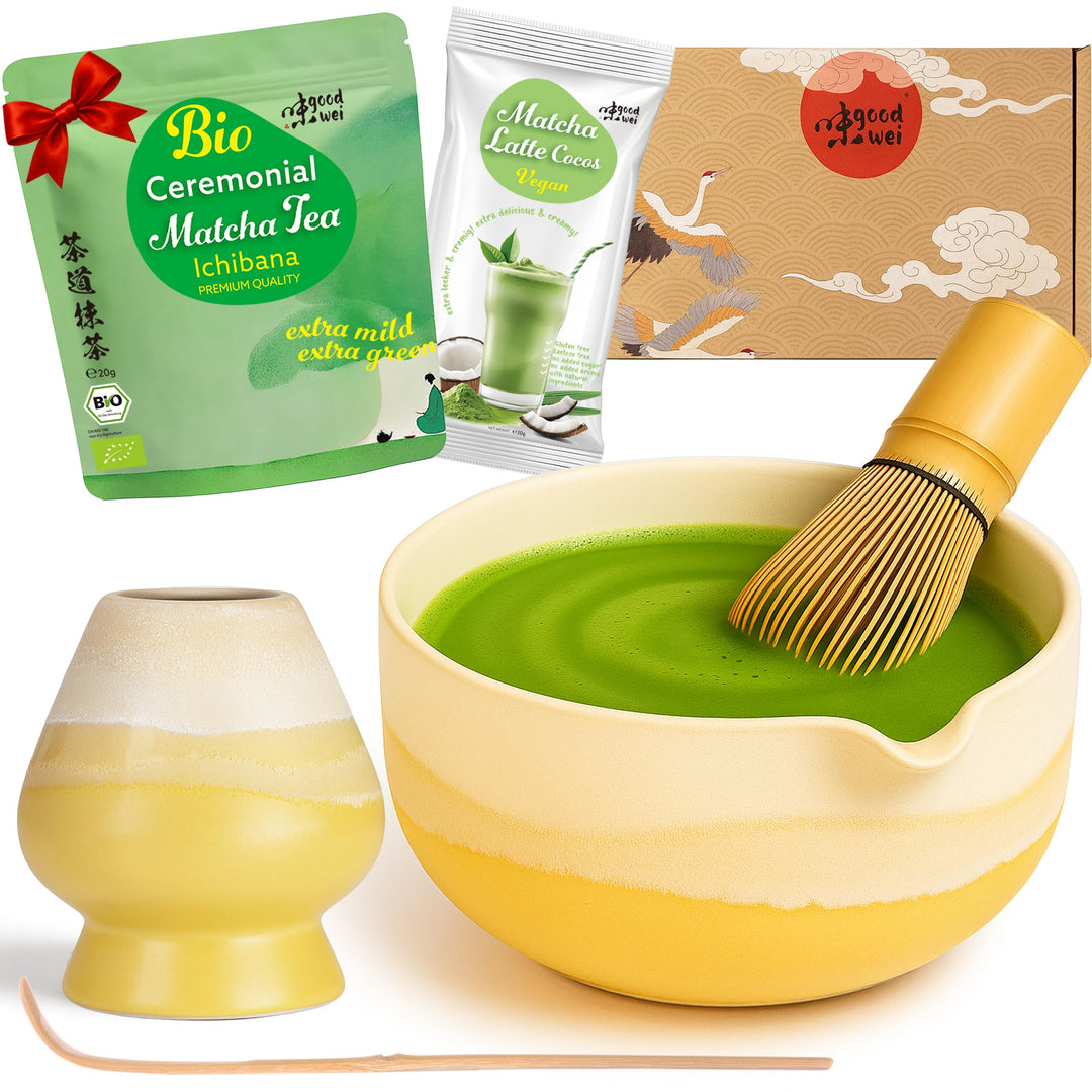 Goodwei Matcha-Set komplett mit hochwertiger Matcha Schale aus Keramik mit Ausgiesser, Matcha Besen