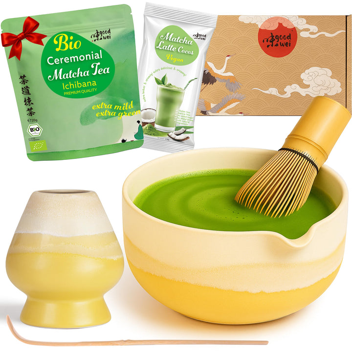 Goodwei Matcha-Set komplett mit hochwertiger Matcha Schale aus Keramik mit Ausgiesser, Matcha Besen