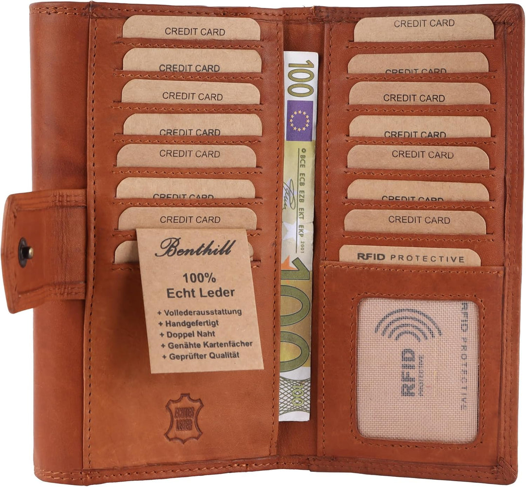 Benthill Damen Geldbörse Gross Echt Leder | Grosses Portemonnaie XXL mit RFID Schutz | Vintage Echtl