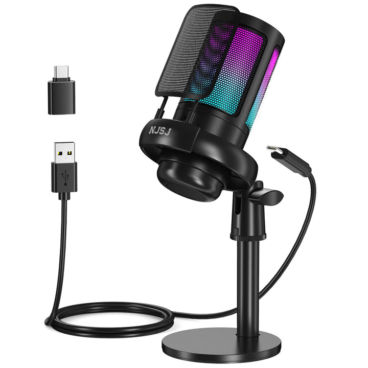 NJSJ Mikrofone PC, Gaming Microphone for PS4 PS5, RGB USB C Podcast Mikrofone with Mute Button, Trip