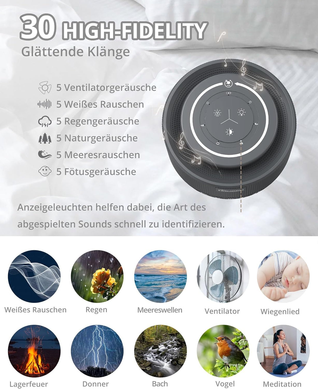HOMGEN White Noise Machine Weisses Rauschen Maschine Einschlafhilfe Baby Erwachsene 30 Klänge & 30 S