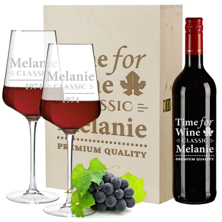4-TLG Wein Geschenkset mit Wunschgravur - Motiv time for Wine - personalisiert - 2X Weingläser 560 m