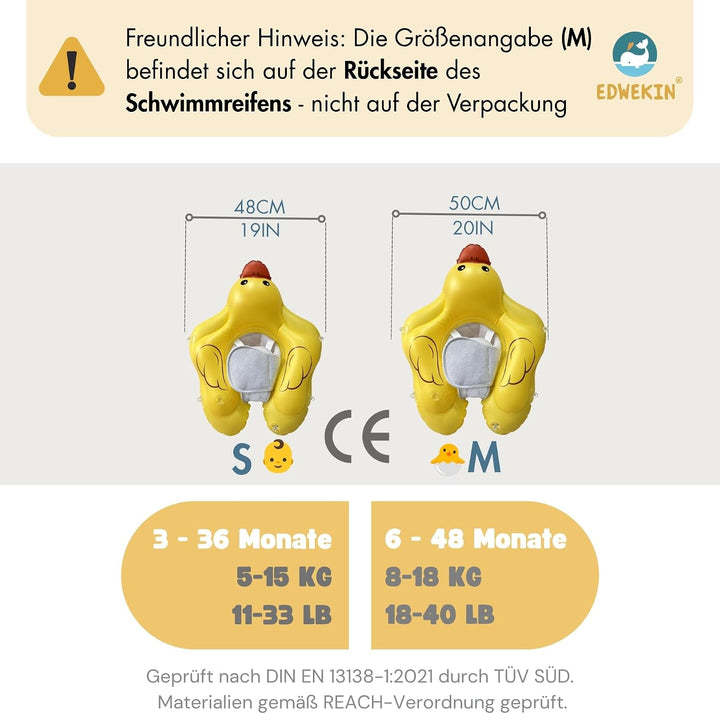 EDWEKIN® Einzigartiger Baby Schwimmtrainer mit abnehmbarem Sonnendach, Ente Schwimmring Baby, Baby S