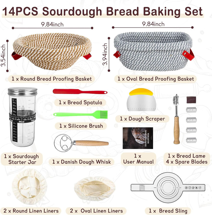 Brot Gärkörbchen Set, 14-Teilig Sauerteig Starter Set mit 2 Gärkörbe Rattan, Sauerteig Starterglas,
