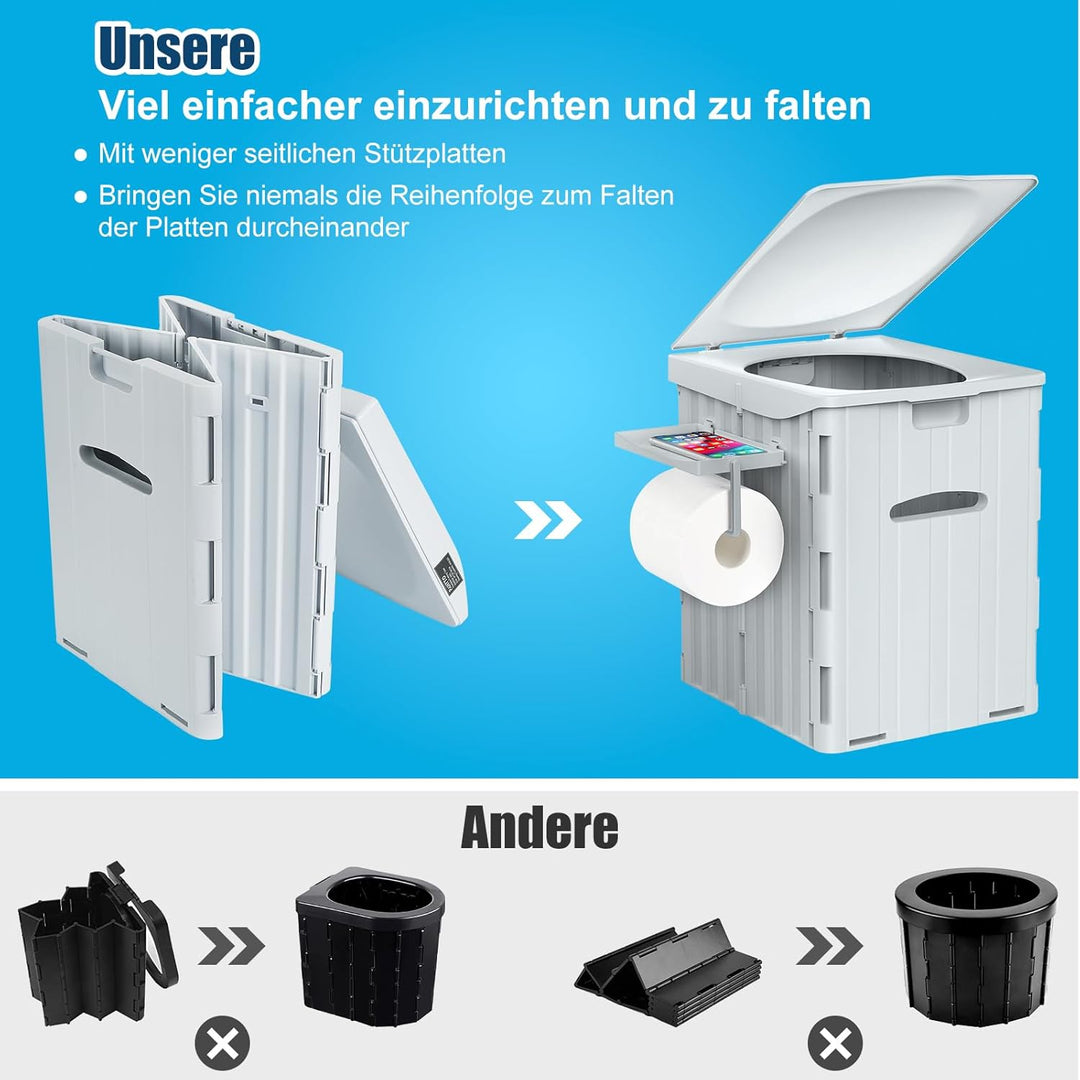 WADEO Tragbare Campingtoilette mit Deckel, 39 cm hohe Mobile Toilette mit 12 Stück Toilettenbeutel,