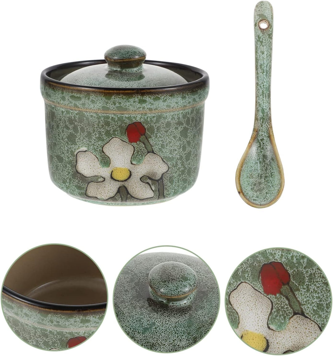 DOITOOL 1 Set Keramik-Gewürzdose mit Deckel, Löffel, Retro-Würztopf, Gewürzdose, Gewürzdosen, Zucker