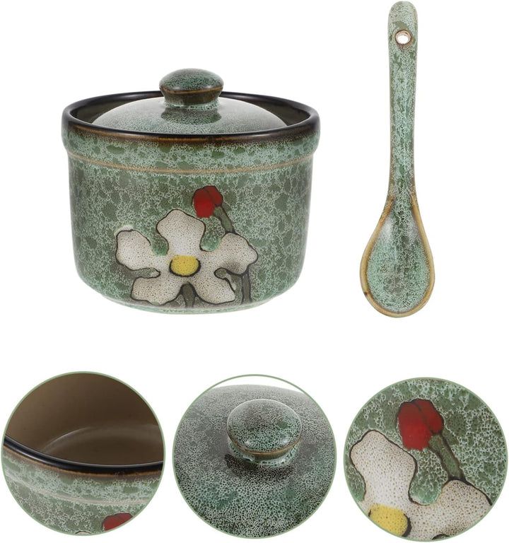 DOITOOL 1 Set Keramik-Gewürzdose mit Deckel, Löffel, Retro-Würztopf, Gewürzdose, Gewürzdosen, Zucker