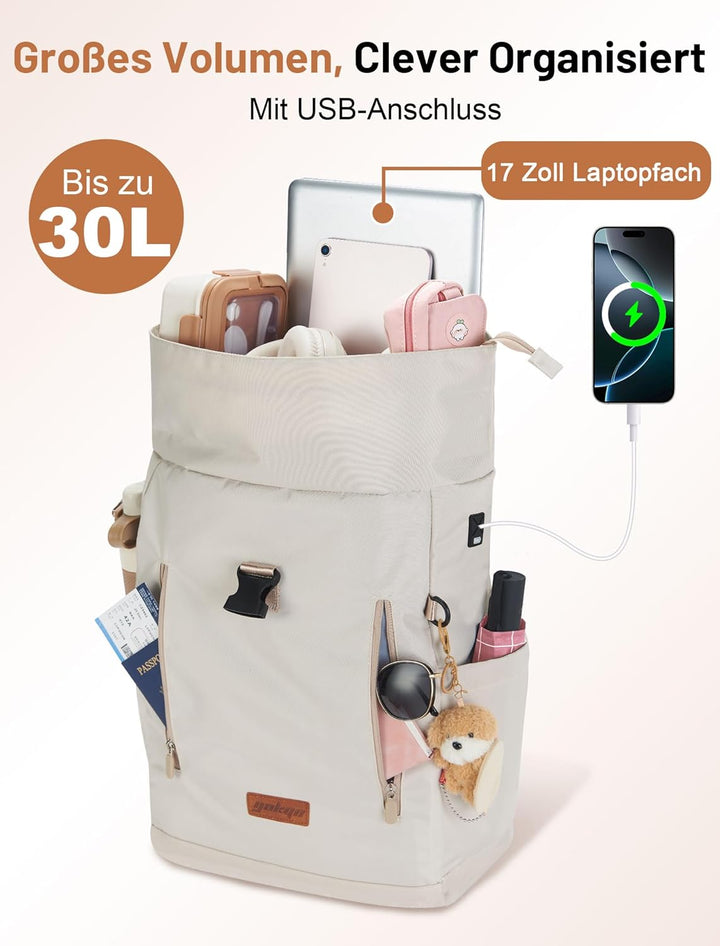 Rucksack Damen & Herren, 24-30L Rolltop Rucksack Laptoprucksack mit 17 Zoll Laptopfach & USB Anschlu